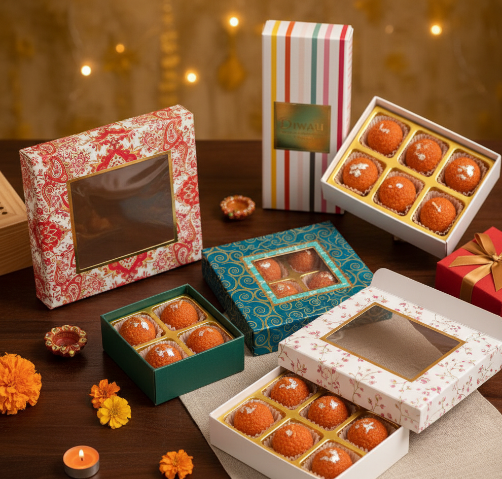 Assorted gift boxes with sweet treats on a decorative background