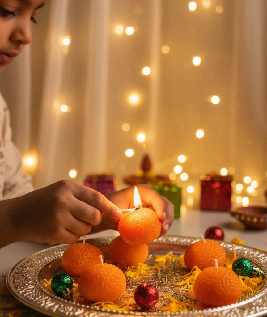 Person lighting a small candle inside an orange fruit with festive lights and decorations in the background.