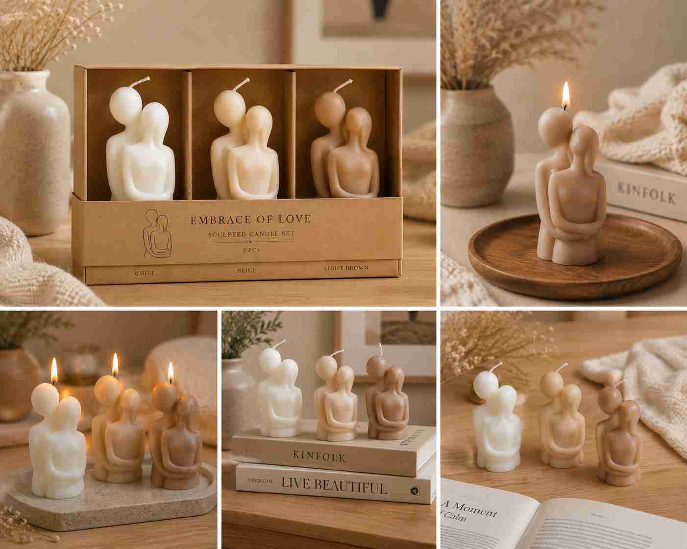 Collage of candle set packaging and candle figures on a wooden surface.