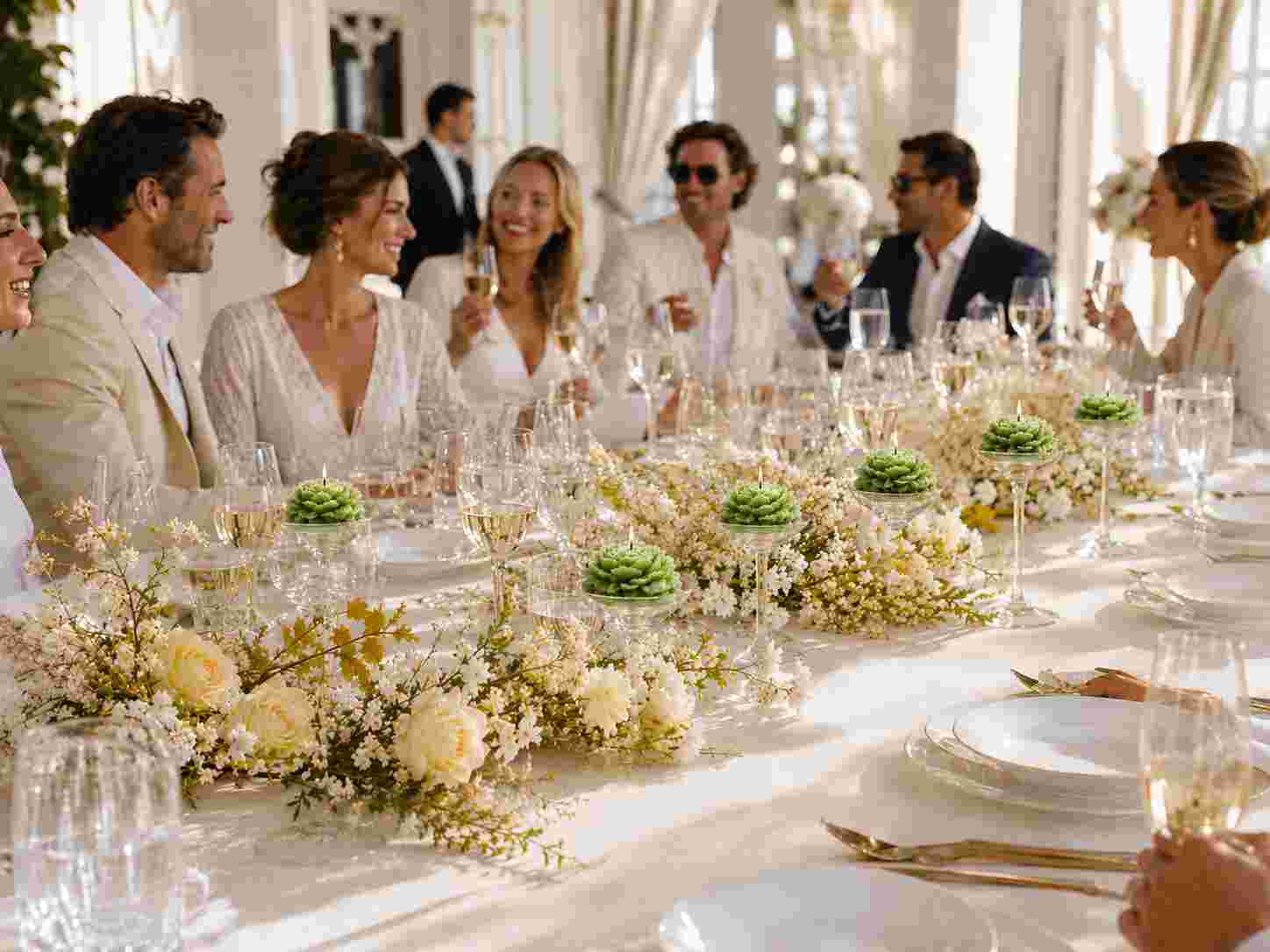 Group of people at a formal event with a long table set for dinner.