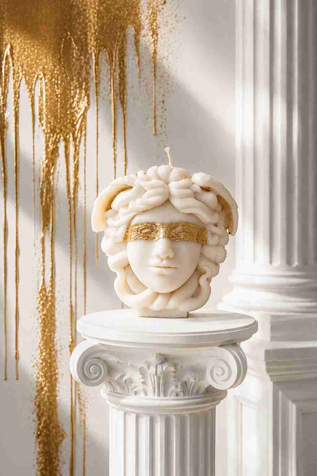 A sculptural candle shaped like a classical Medusa head with flowing hair and a gold eye mask, displayed on a white pedestal against a white wall with gold glitter drips.