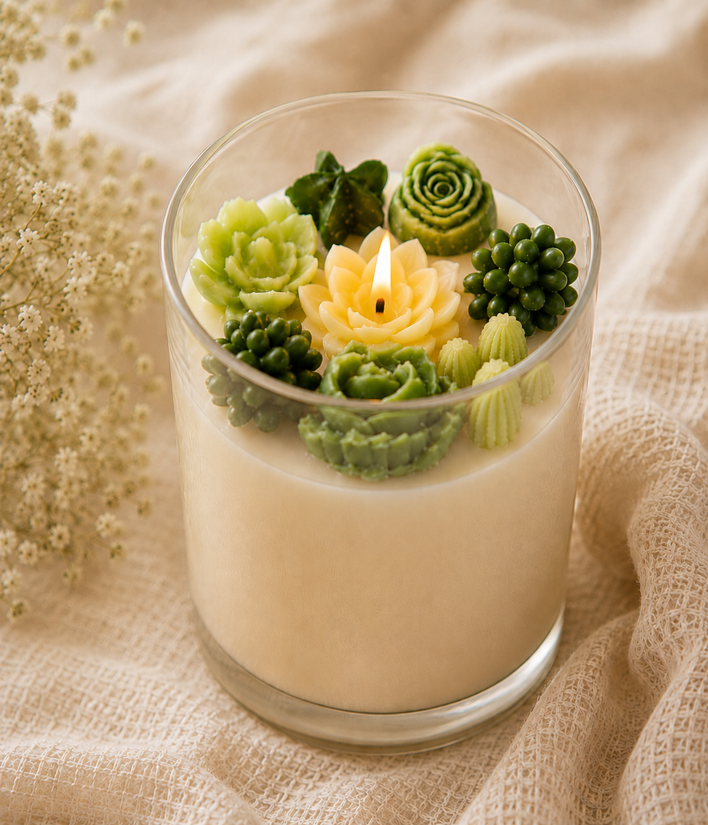 A glass jar candle filled with creamy off-white wax and decorated with sculpted green succulent and cactus candles, including a small yellow lotus flower in the center with a flame. The candle is set on a beige textured fabric background with dried white flowers on the left.