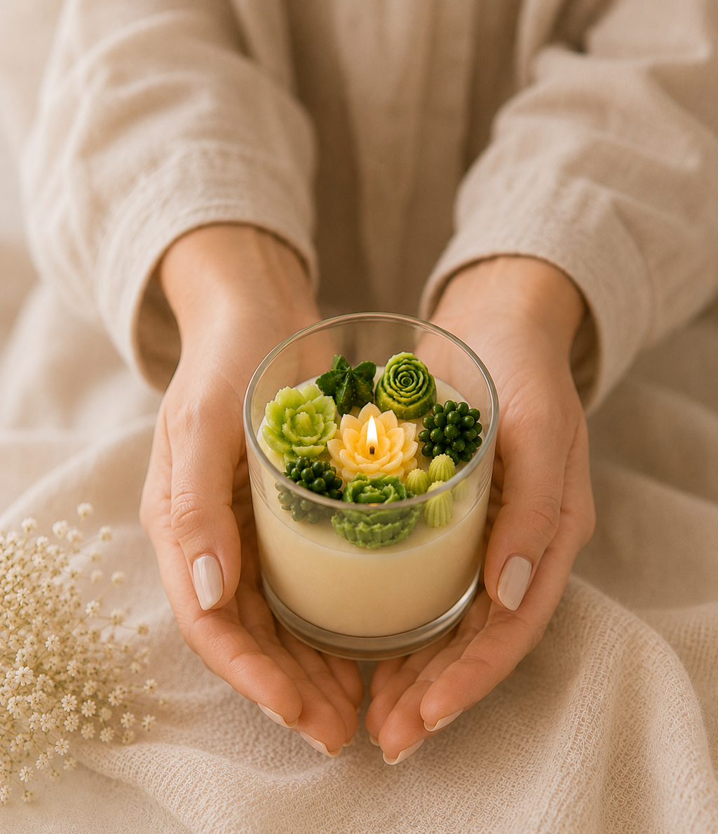 A person in a beige sweater holds a small glass jar candle with a cream wax base and decorative green succulent-style wax plants and a lit yellow flower on top, against a soft beige fabric background.