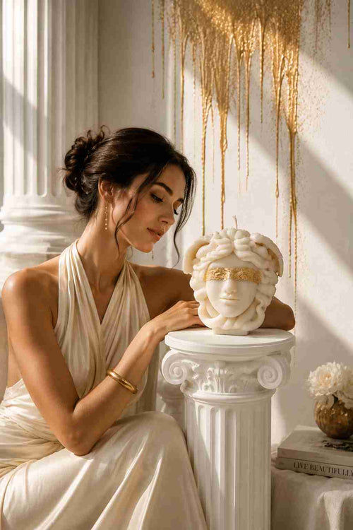 A woman in a cream draped dress sits beside a white classical-style pedestal holding a sculptural head, in a sunlit interior with gold wall decor and a small flower arrangement.