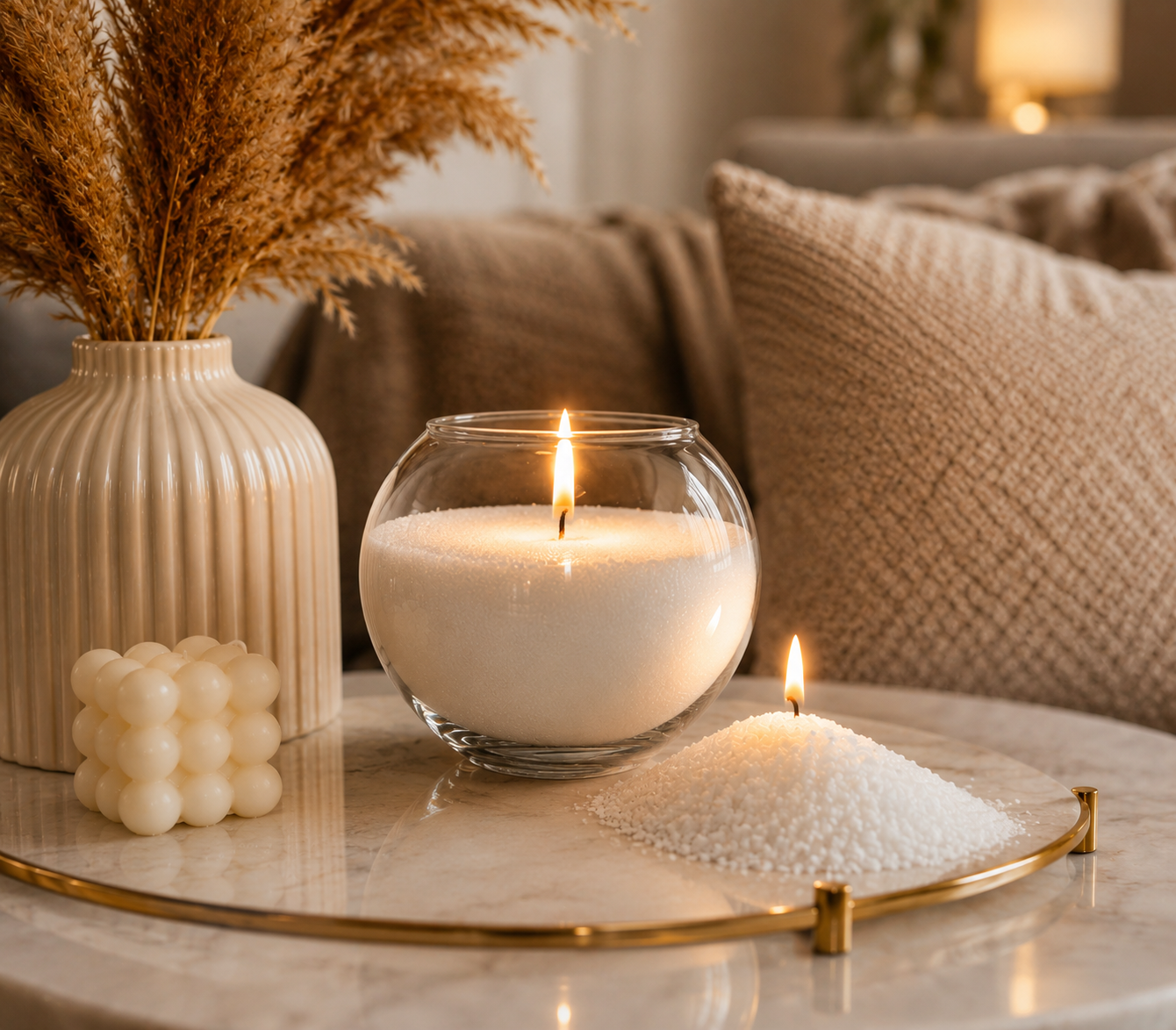 A lit white candle in a clear round glass vessel sits on a marble tray beside a small pile of white wax beads and a mound of white wax, with a ribbed cream vase holding dried grasses and a textured beige sofa in the background.