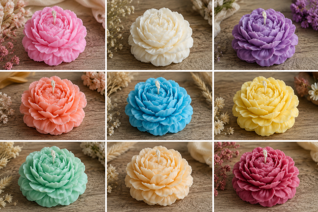 A 3x3 grid showing nine rosette-shaped wax candles in different colors, including pink, cream, purple, peach, blue, yellow, mint, beige, and magenta, arranged on a rustic wooden surface with dried flowers.