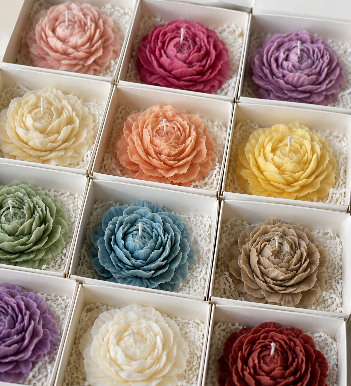 A 3x3 grid of square white gift boxes, each containing a single rosette-shaped wax candle in a different pastel and neutral color, including pink, magenta, purple, cream, peach, yellow, sage green, slate blue, taupe, white, and burgundy.