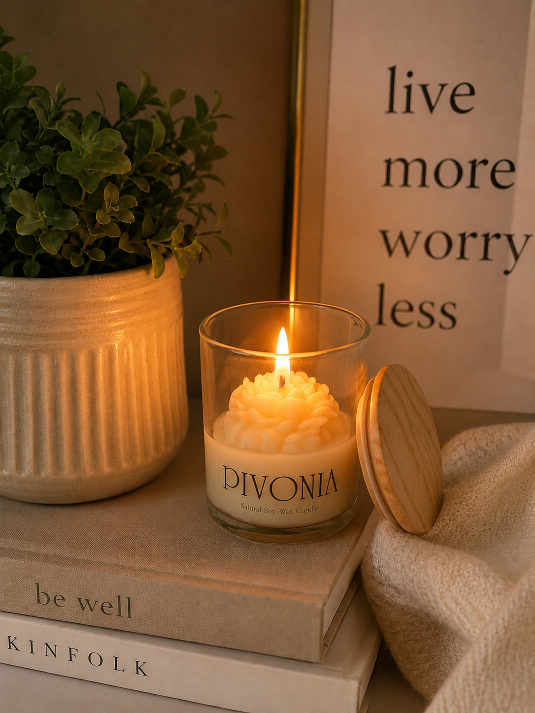 A lit DIVONIA scented candle in a clear glass jar with a wooden lid resting beside it, styled on stacked books next to a potted plant and a framed quote.