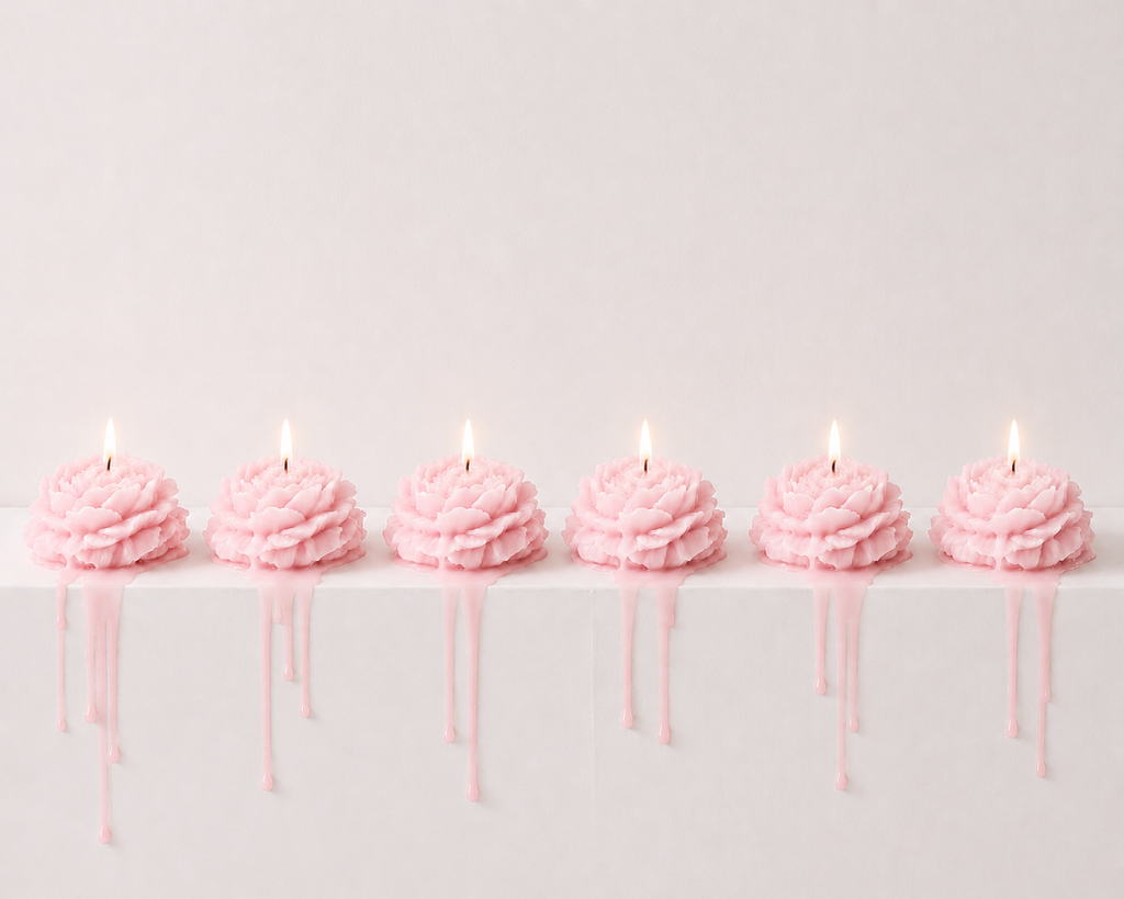 Six pink flower-shaped candles with dripping wax, arranged in a row on a white surface against a light pink background.
