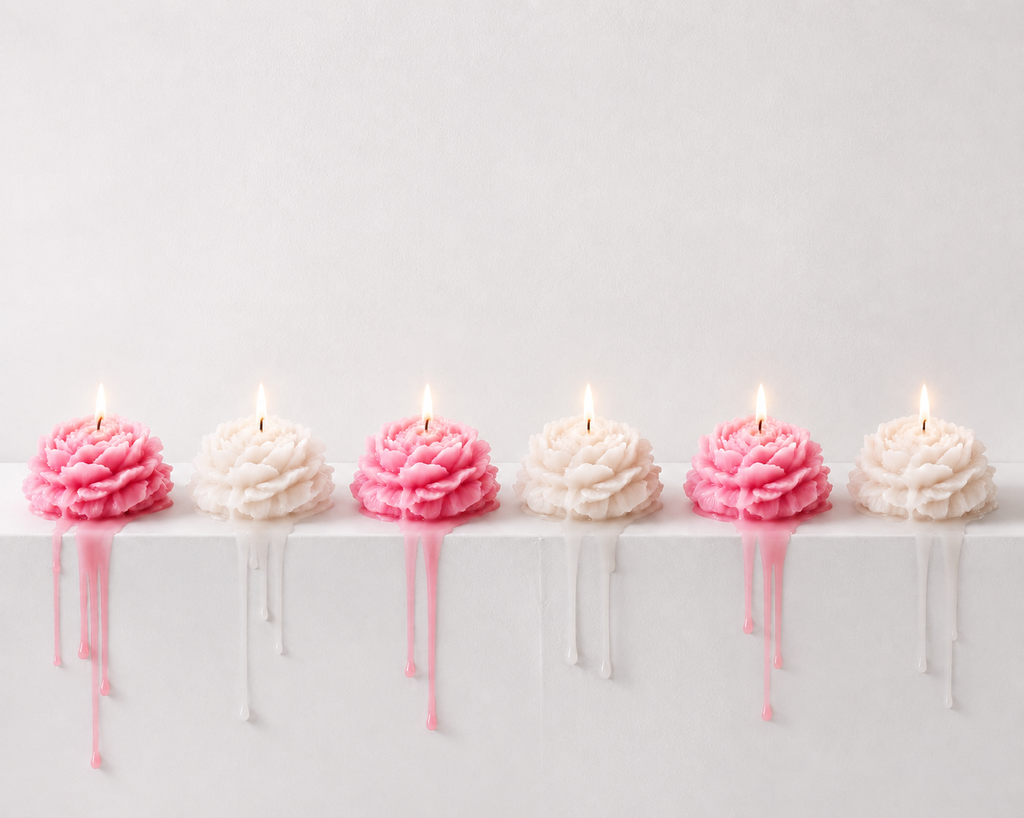 Six decorative flower-shaped candles arranged in a row on a white surface against a light gray background. Three candles are pink and three are off-white/cream, each with a small flame and dripping wax below.