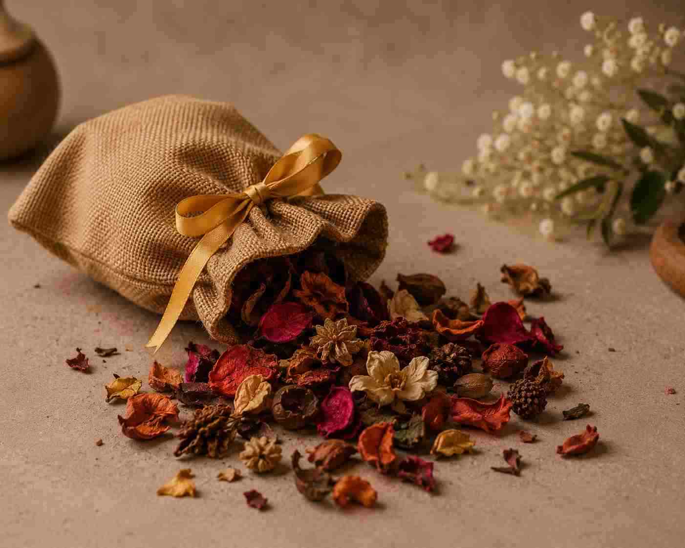 A small beige burlap drawstring pouch tied with a gold ribbon, spilling assorted dried flowers, petals, and botanical pieces onto a neutral surface. White baby's breath flowers and a dark ceramic vessel appear softly blurred in the background.