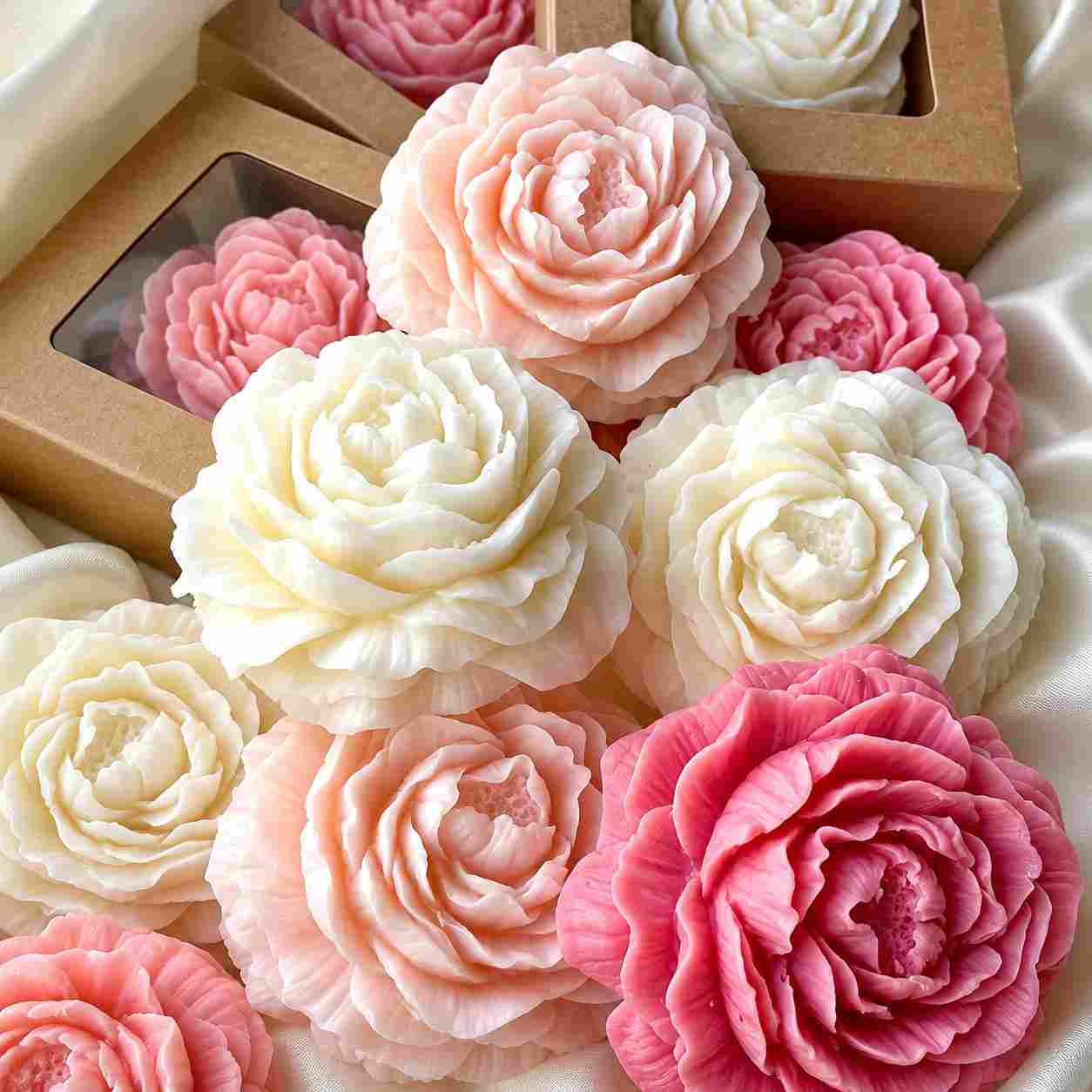 Pink and white rose-shaped soap bars on a white surface with a wooden box in the background.
