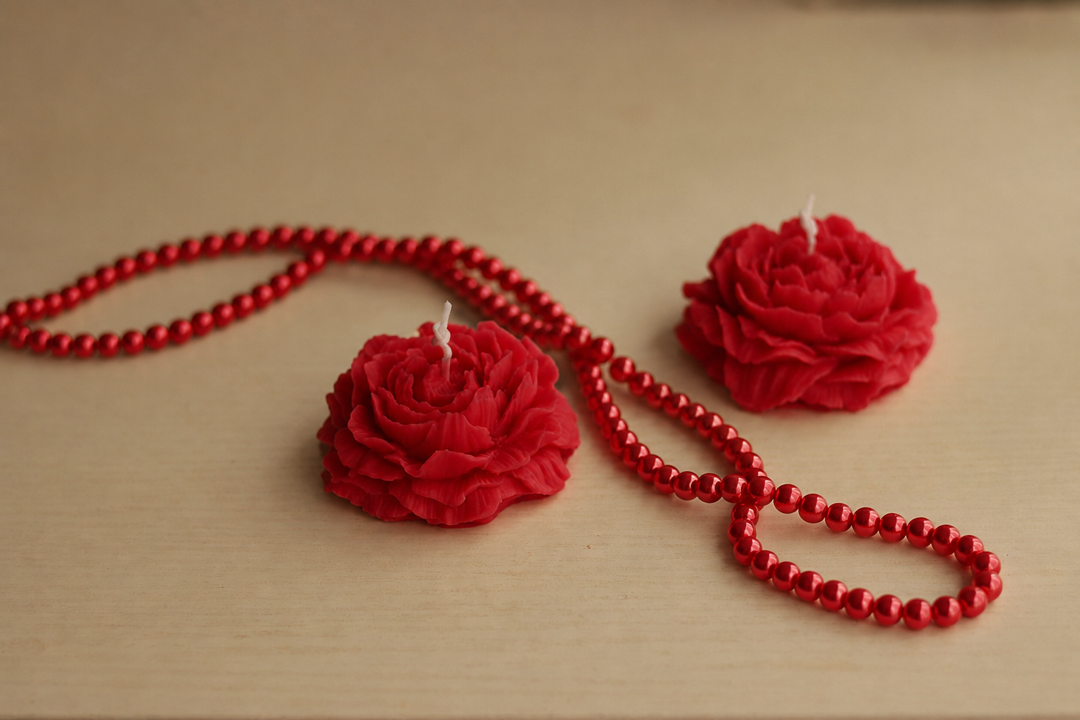 Red rose-shaped candles on a beige surface