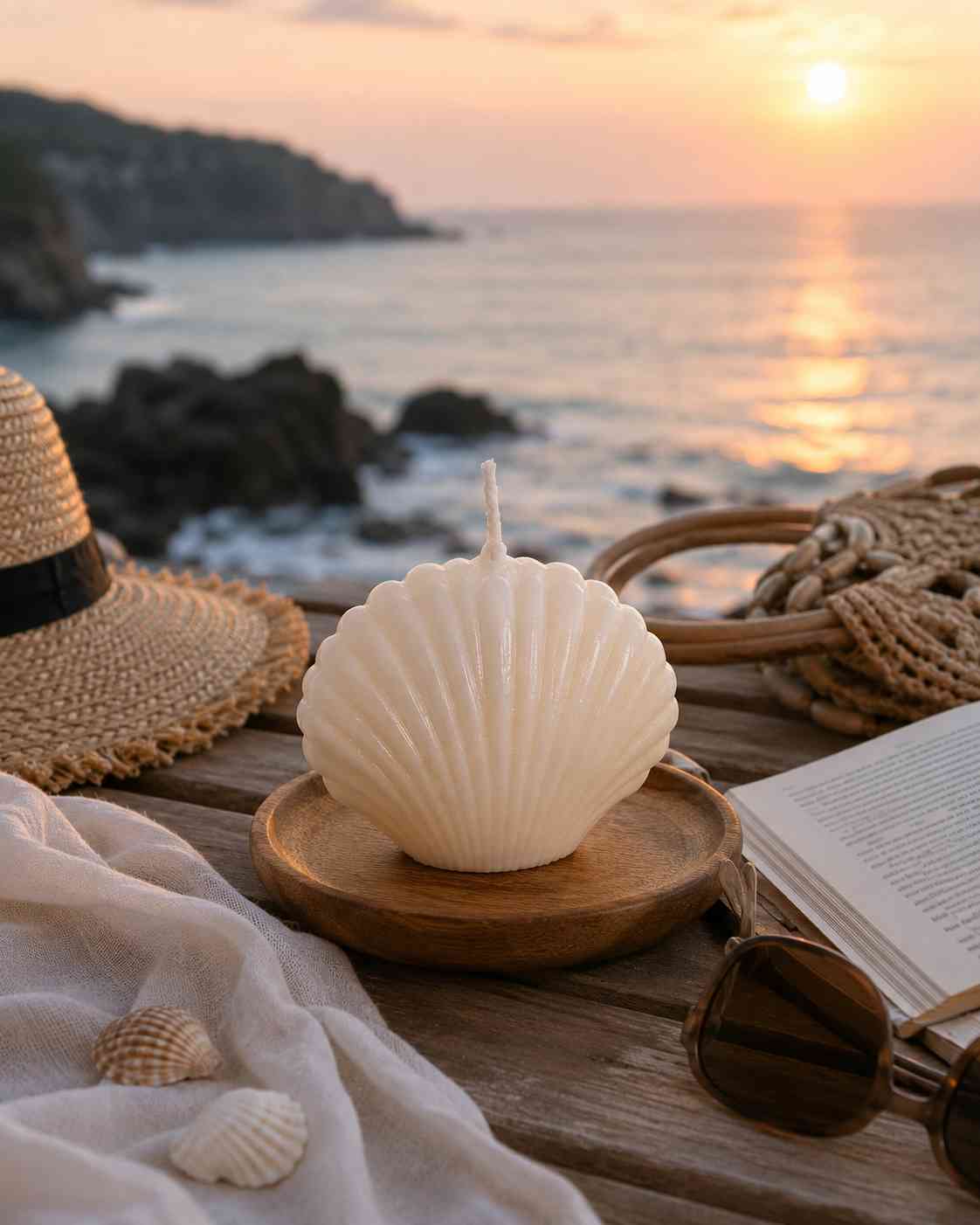Shell-shaped candle on a wooden surface with a scenic ocean view at sunset.