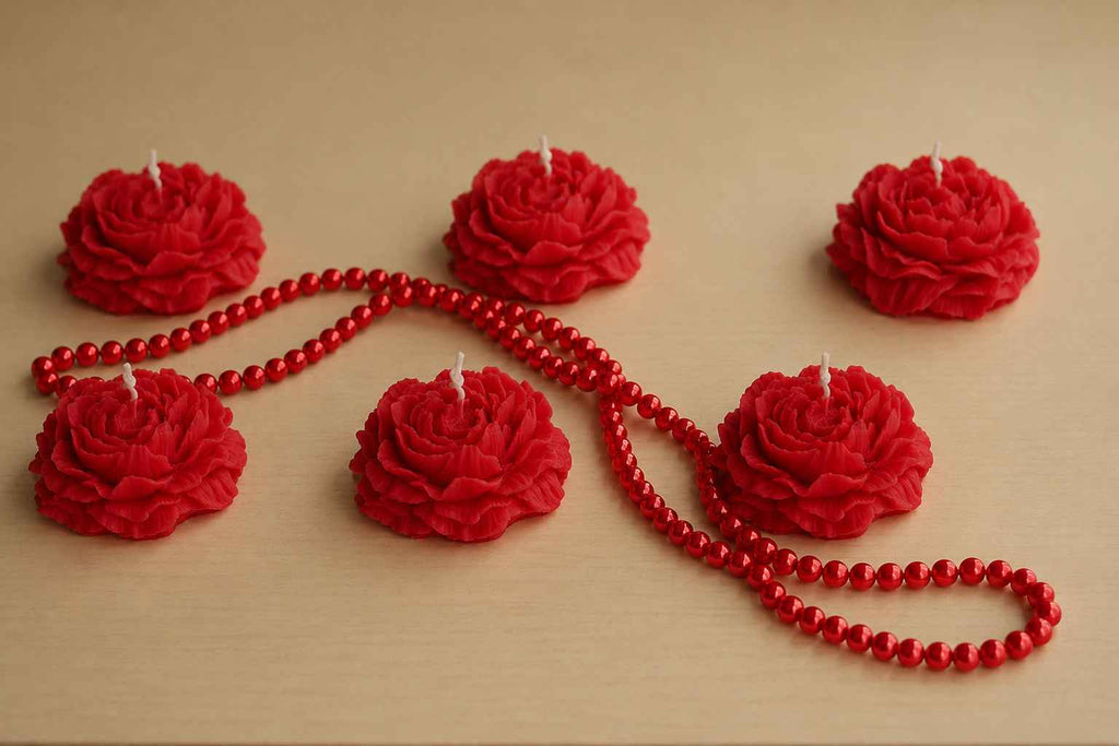 Red rose-shaped candles on a beige surface