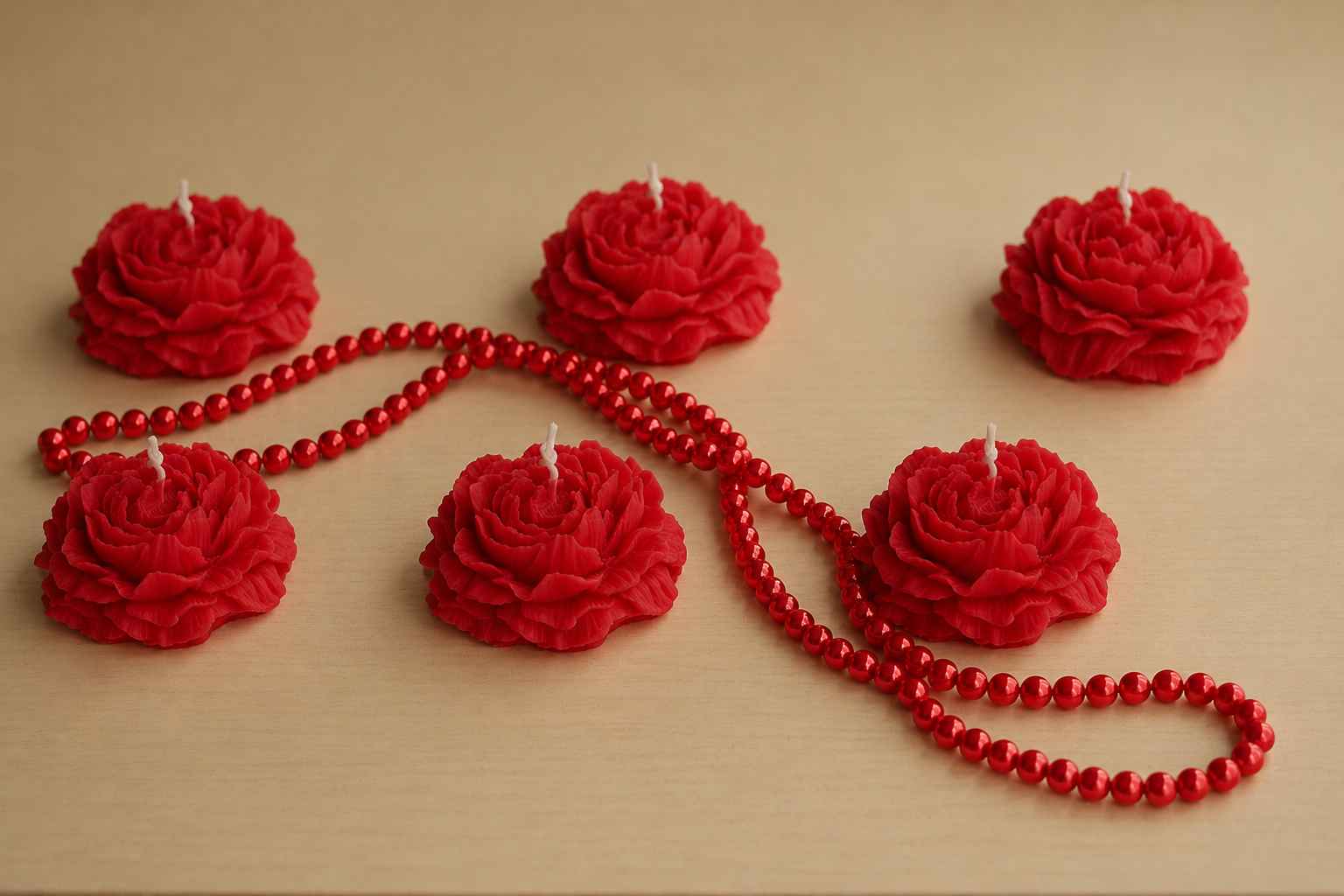 Red rose-shaped candles on a beige surface