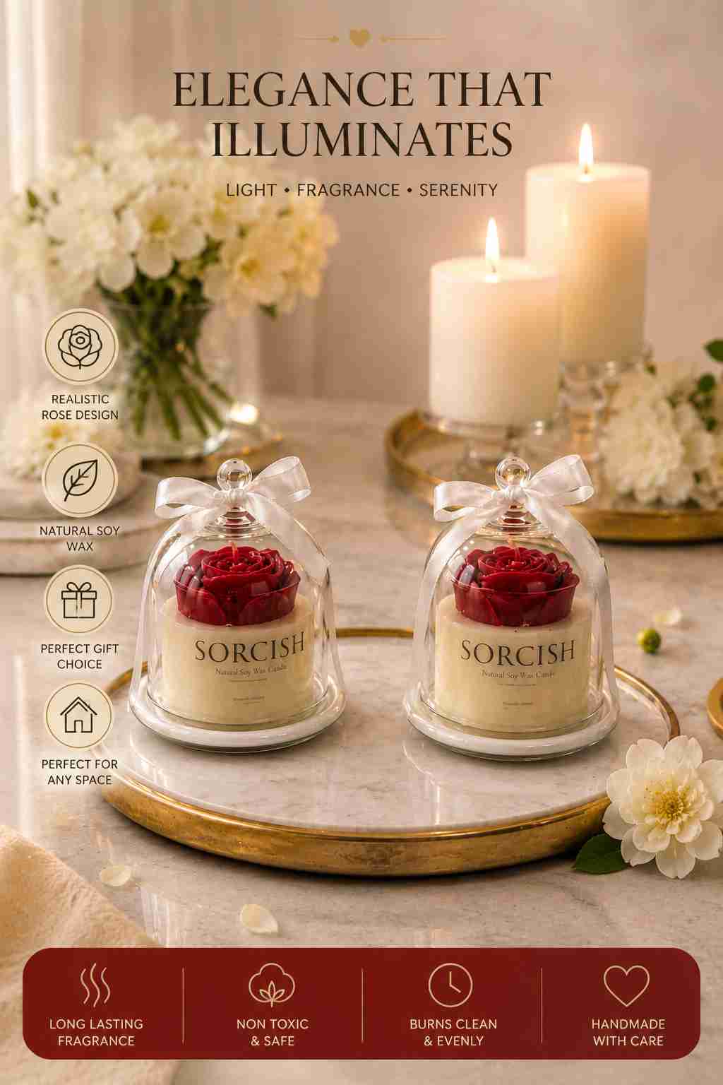 Two Sorcise candles under glass domes on a marble surface with decorative elements.