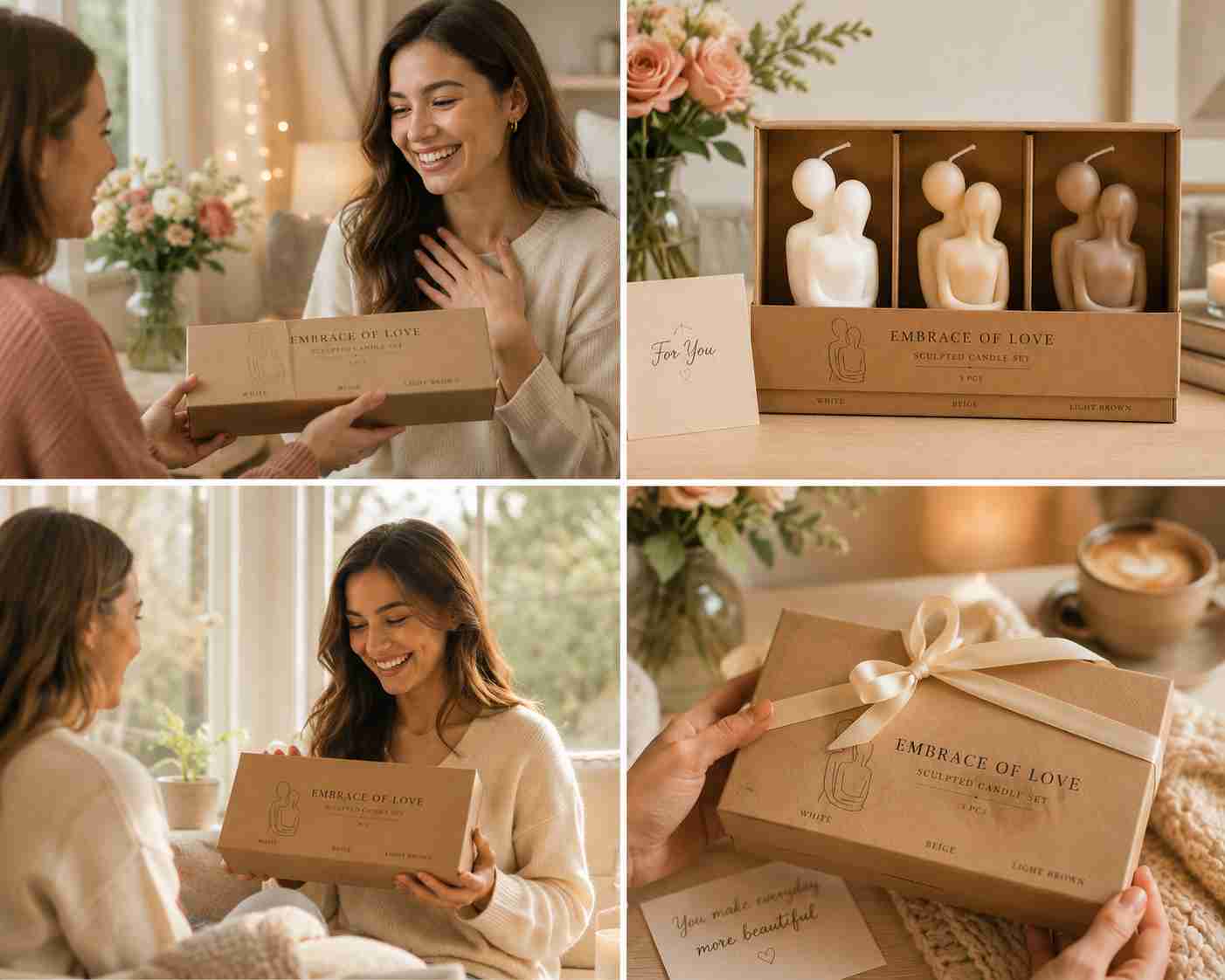 Collage of a woman receiving and opening a gift box with candles, set against a warm and cozy indoor background.