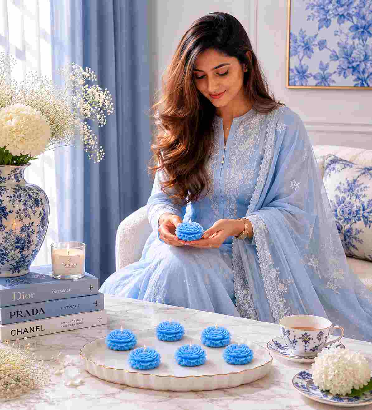 Woman in a light blue embroidered outfit holding a blue flower in a decorated room.