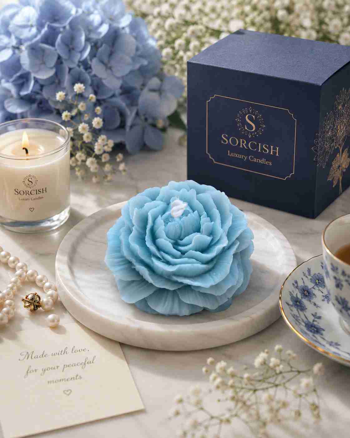Blue flower-shaped candle with a SORCISH box and tea set on a table.