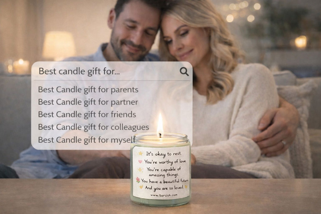 Couple embracing with a candle in front of them, surrounded by text about different gift ideas.