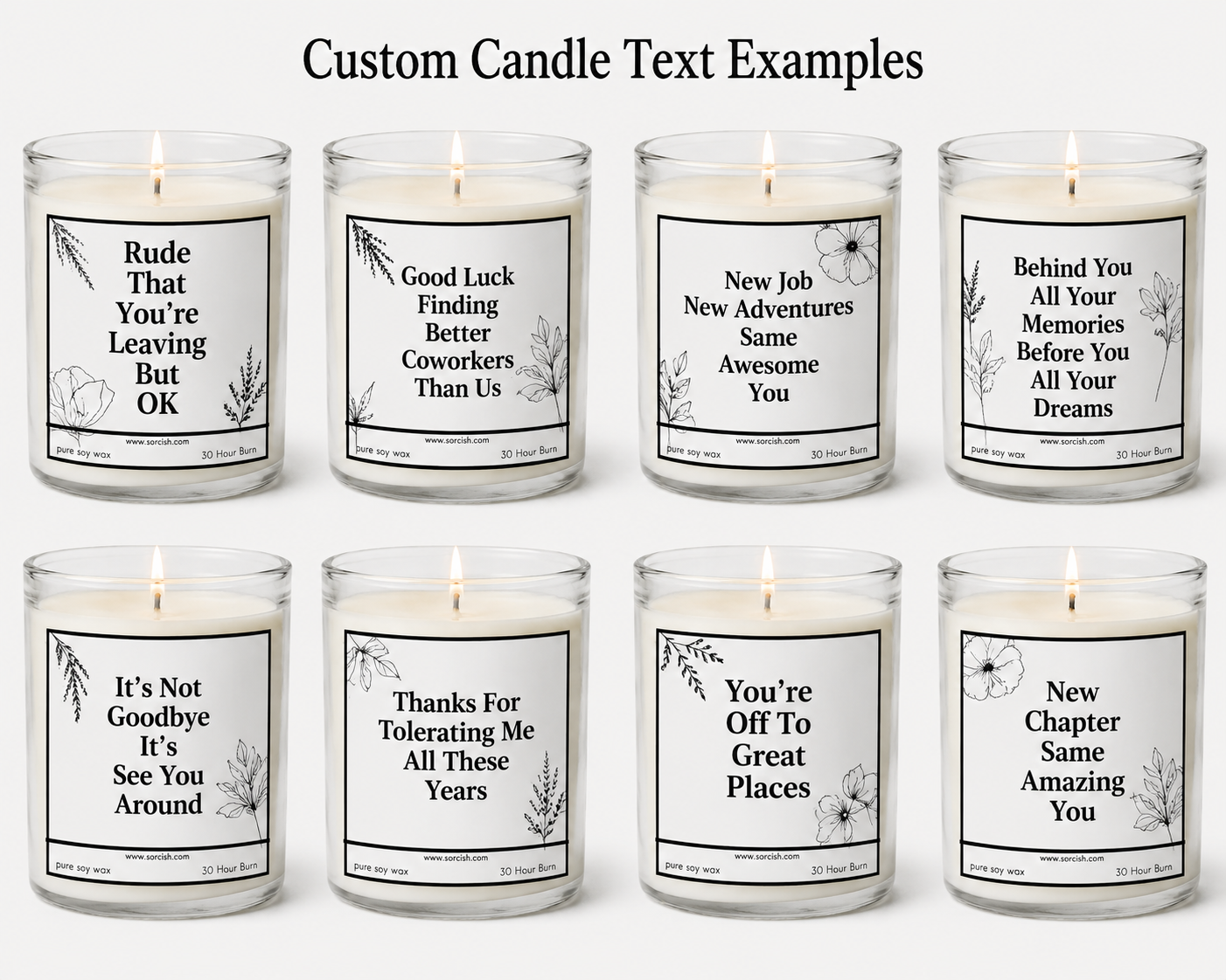Set of candles with custom text labels 