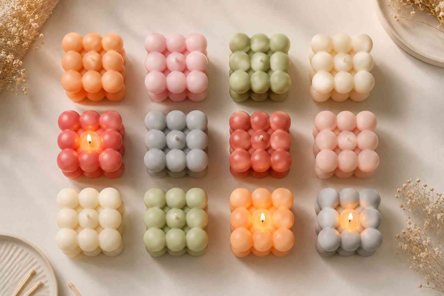 Twelve square bubble candles arranged in a 3-by-4 grid on a light beige surface. The candles come in soft pastel colors including peach, pink, sage green, coral, light gray, and cream, with four candles lit and a few dried floral accents around the edges.