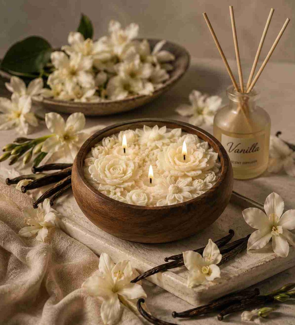 Sorcish Luxe Floral Urli Candle in Wooden Bowl | Vanilla Scented | 3-Wick Multi-Flower Candle