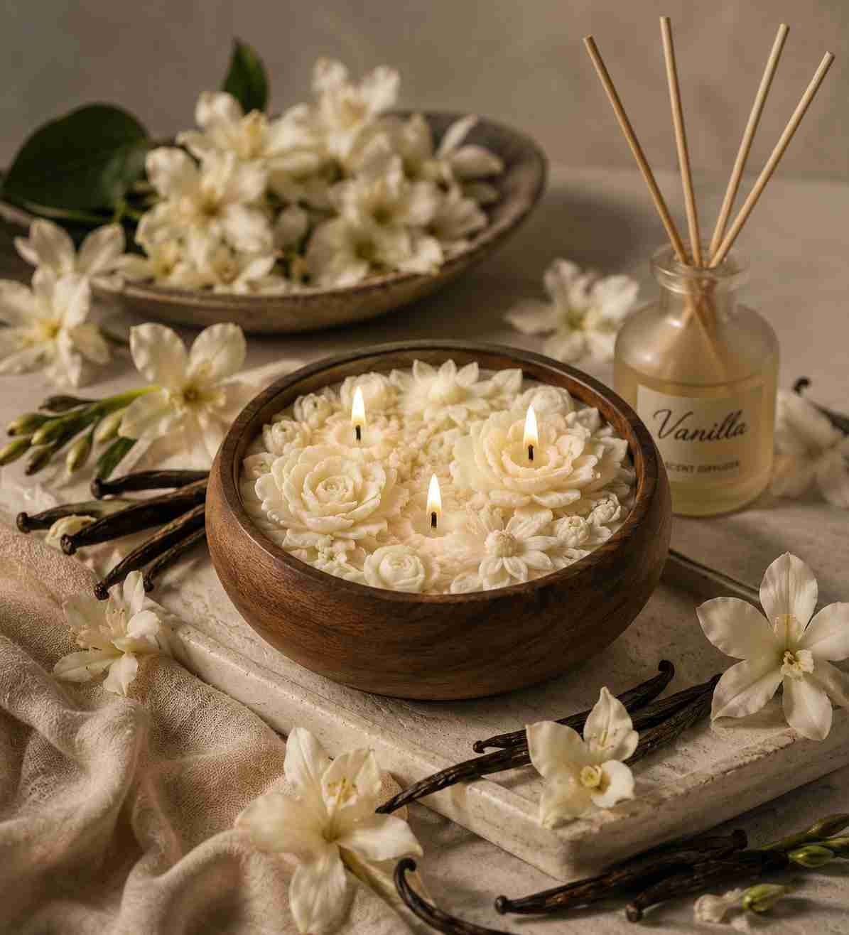 Sorcish Luxe Floral Urli Candle in Wooden Bowl | Vanilla Scented | 3-Wick Multi-Flower Candle