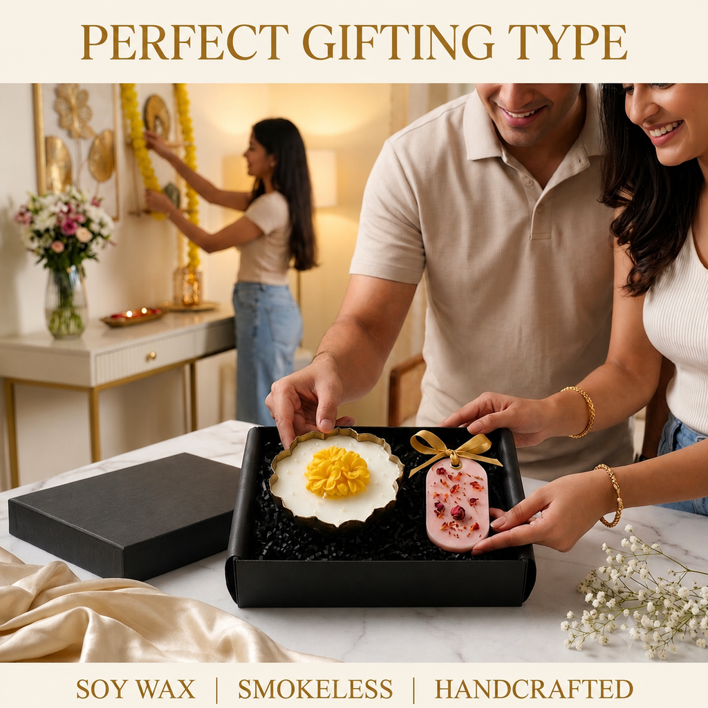 A couple presents a handcrafted soy wax smoking device in a black gift box with a gold ribbon, alongside its black lid. The scene is set in a warm, decorated home interior with a woman in the background hanging a garland.