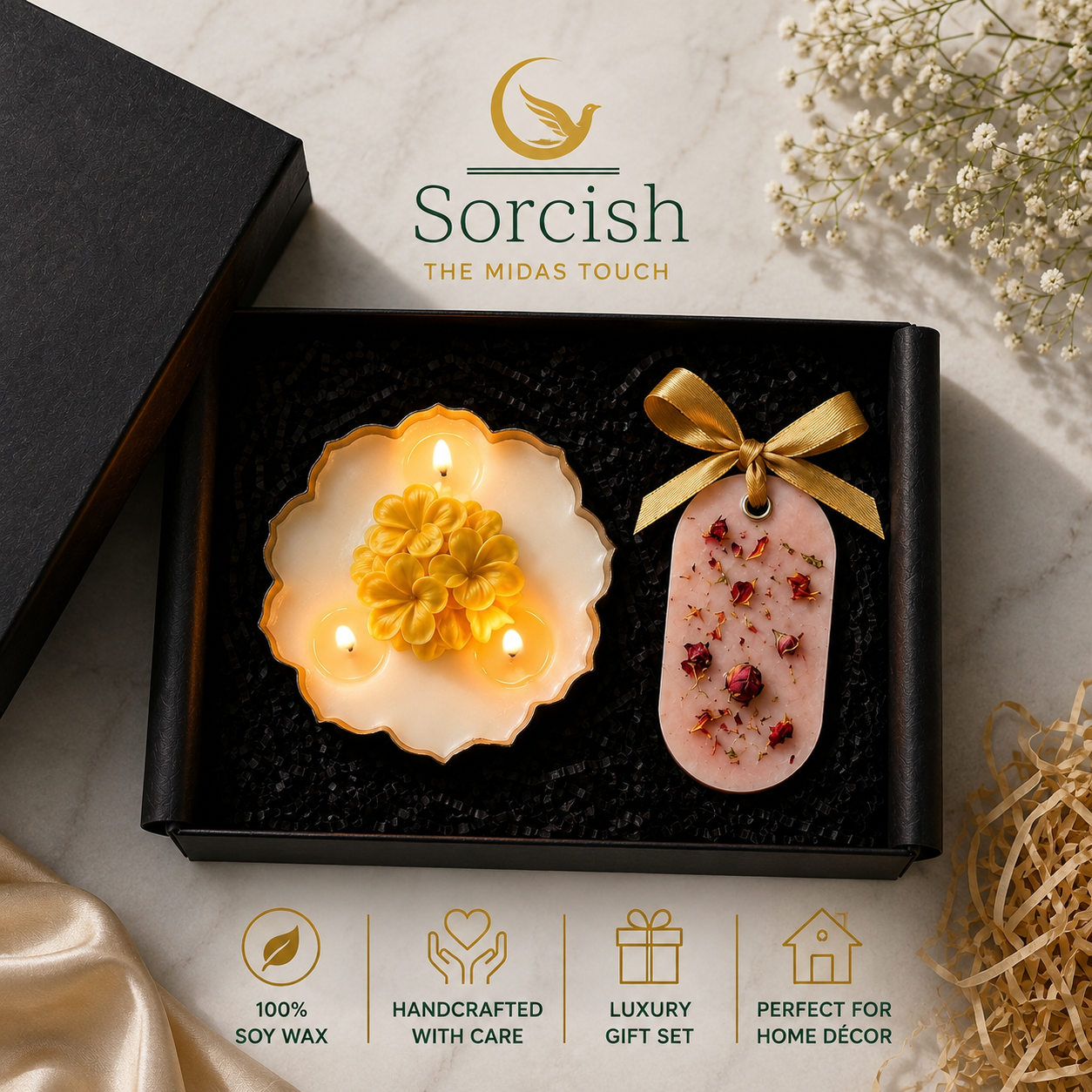 Sorcish luxury gift set containing a yellow soy wax flower candle and a pink dried botanical soap ornament, presented in a black gift box on a marble background with decorative elements.