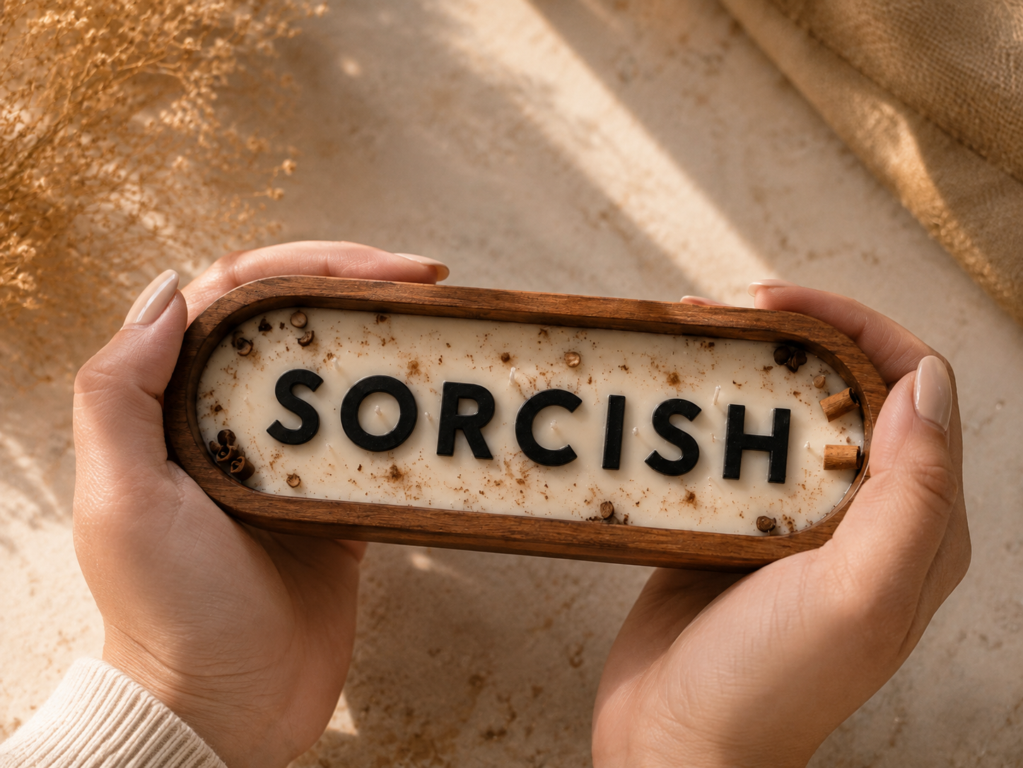 A person holds a rectangular wooden box containing a frosted white candle with the word 'SORCISH' in bold black letters. The candle is decorated with small dark spices and bits of caramel, set against a warm, textured beige background with dried flowers.